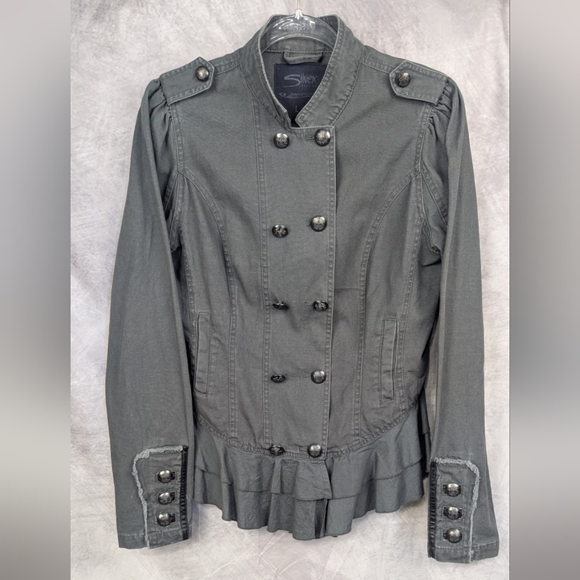Silver Jeans Size Large Gray Denim Double Breasted Jacket With Ruffled Hem - Picture 1 of 14